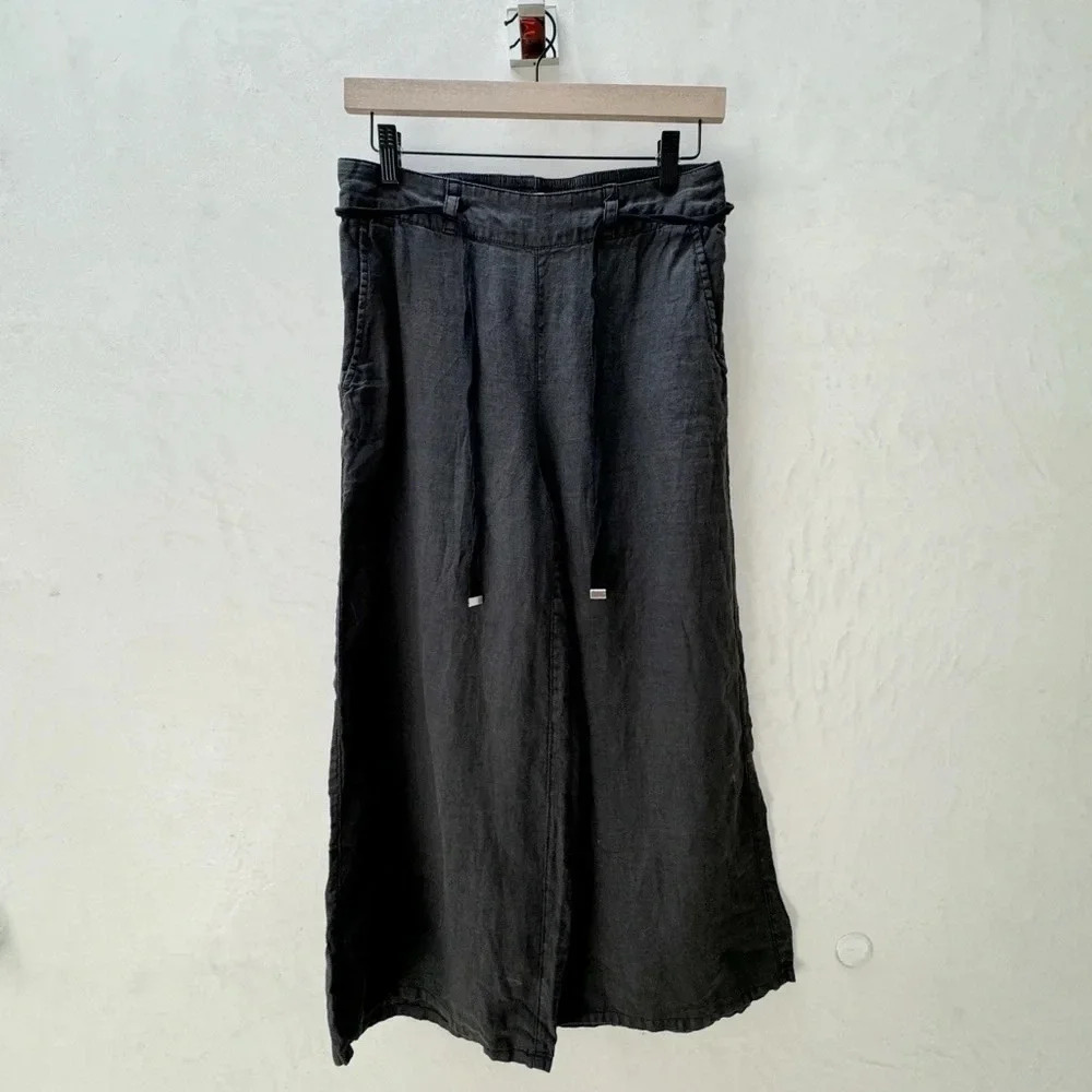 H HALSTON Black Wide Leg Linen Pants Size S Minimalist Resort Drawstring - Picture 3 of 15